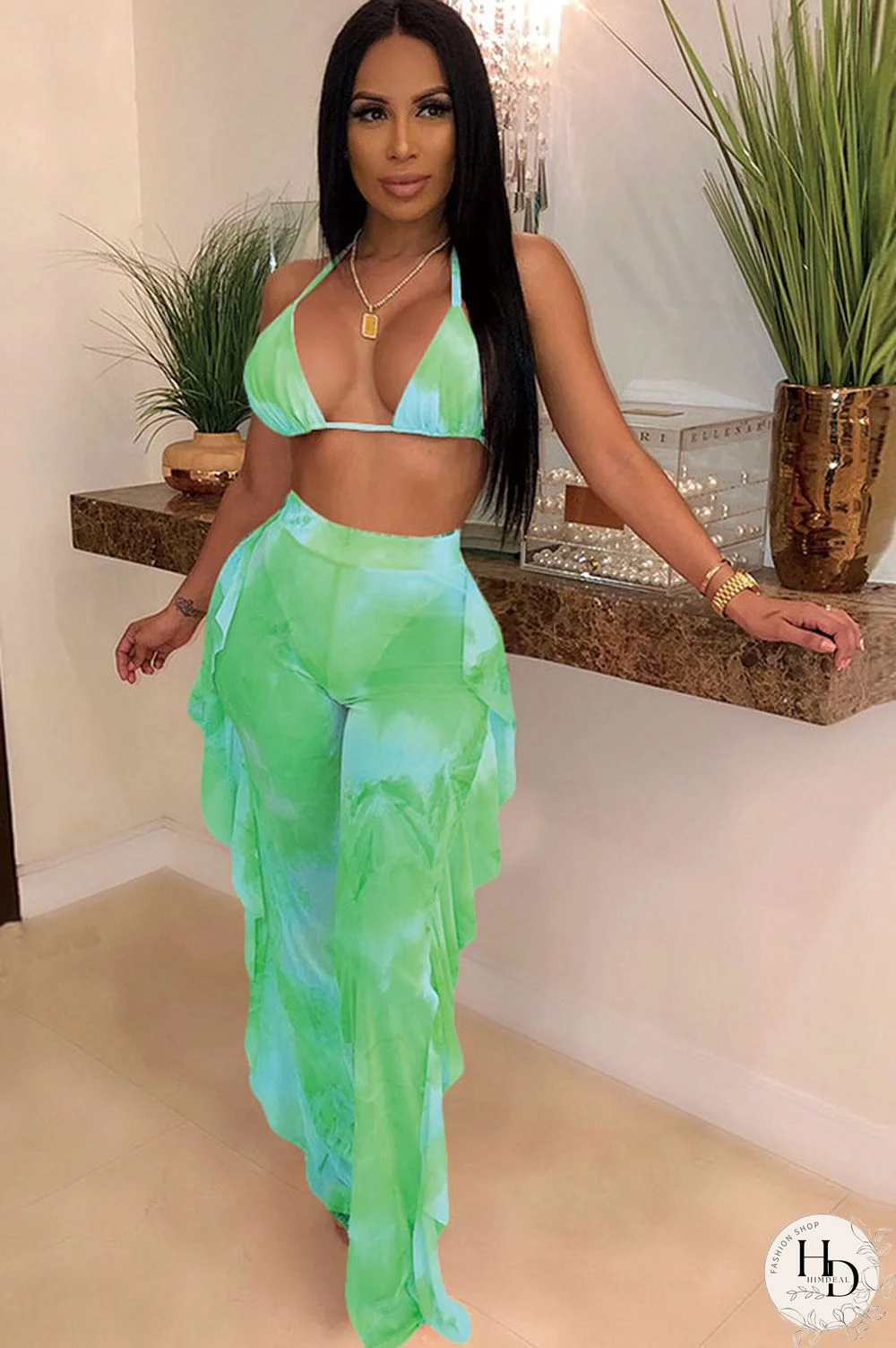 Army Green Sexy Fashion Stringy selvedge Print Tie Dye Patchwork Loose Sleeveless