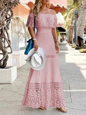 Image of High Waisted Short Sleeves Hollow Solid Color Split-Joint Off-The-Shoulder Maxi Dresses