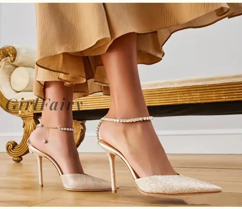 Girlfairy Star Style Luxury Rhinestones Chains Women Pumps Elegant High Heels Summer Ankle Strap
