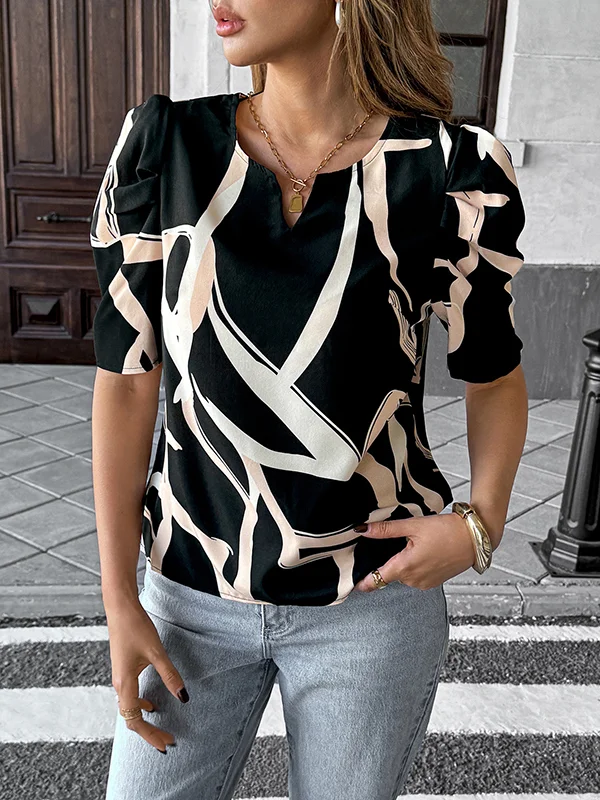 Pleated Contrast Color Loose Half Sleeves V-Neck Blouses&Shirts Tops