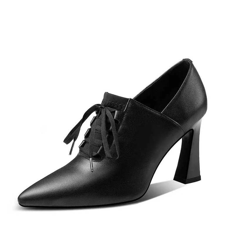 High Heels Hoof Pumps Women Lace Up Pumps Cow Leather Shoes Female Fashion Pointed Toe OL Shoes Women Autumn 2019 New