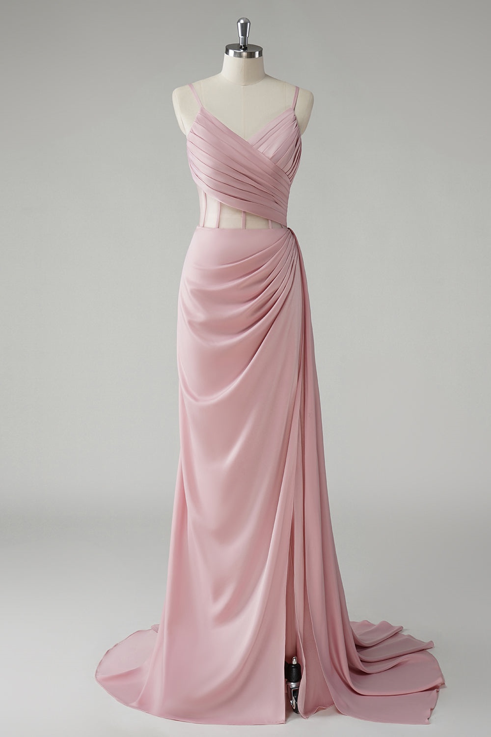 Ovlias Breathtaking Pink Spaghetti Strap Sleeveless Flowy Split Prom Dress LY0603