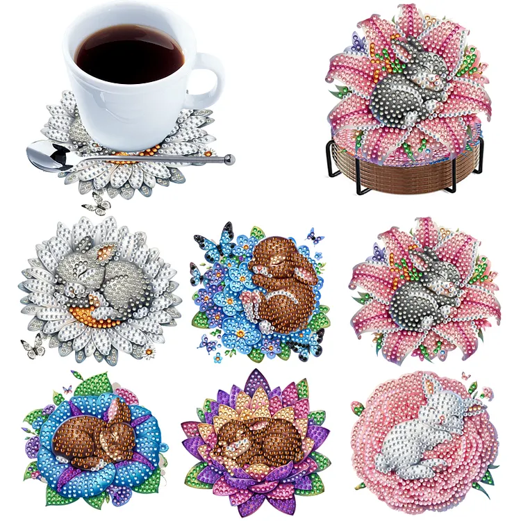 【Coaster】6Pcs Flower And Rabbit、Easter Cookies Diamond Painting Coaster for Adult Beginner Home Decor DIY Crafts Gift gbfke