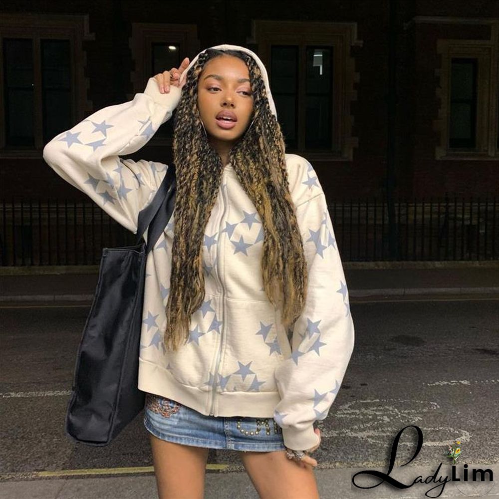Women Star Print Zip Oversized Hoodies Jacket