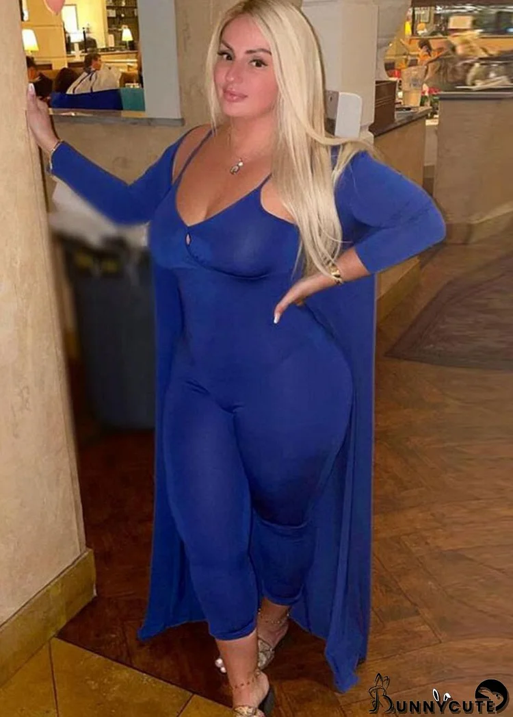 Winter Blue Strap Bodycon Jumpsuit and Matching Cardigans Plus Size Two Piece Set