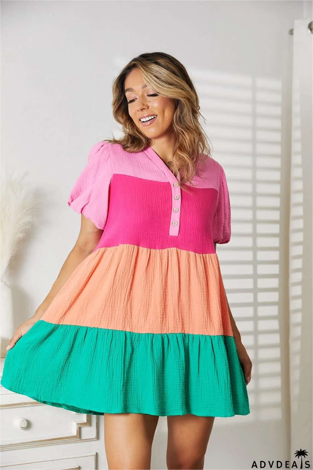 Double Take Color Block Buttoned Puff Sleeve Dress