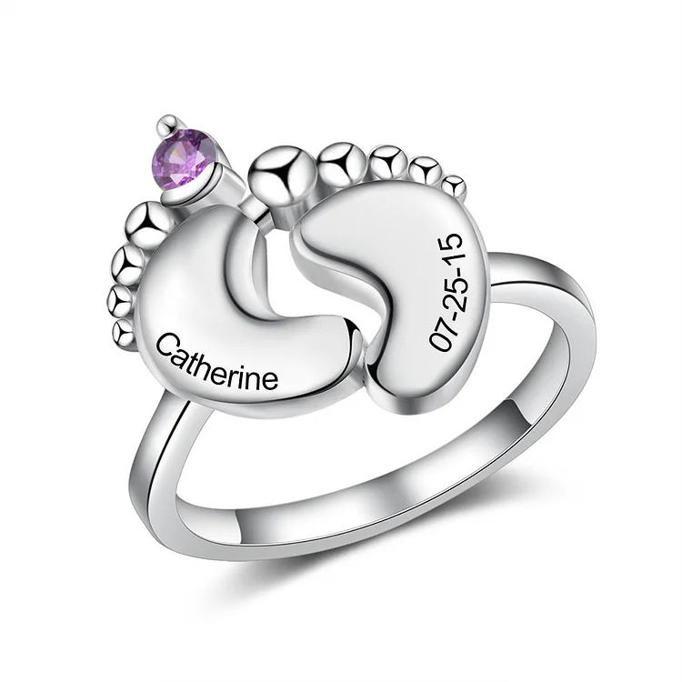 Baby Feet Ring with Birthstones Mothers Ring Engraved Name and Date