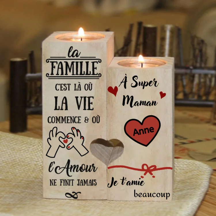 À Maman - Wooden Candlesticks without candle 1 Personalized First Name Heart
