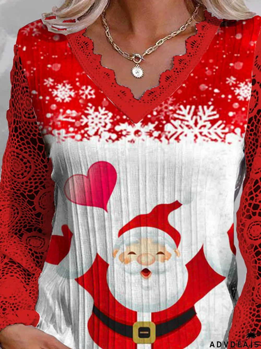 Women Long Sleeve V-neck Printed Santa Claus Snowflake Lace Christmas Tops