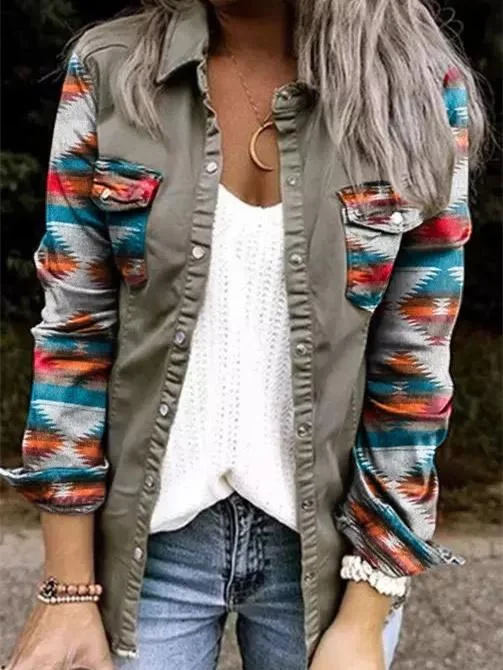 Women's Long Sleeve V-neck Graphic Printed Coat Top