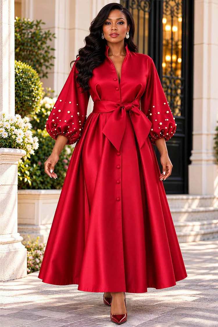 Xpluswear Design Plus Size Christmas Red Stand-Up Collar Lantern Sleeve 3/4 Sleeve Pearls Wrap Satin Maxi Dresses [Pre-Order] 2024 - Xpluswear
