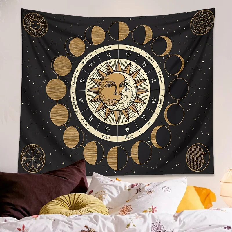 Tarot Moon Phase Tapestry Wall Hanging Wheel of the Zodiac Astrology Chart Sun and Moon Starry Sky divination Home Decor