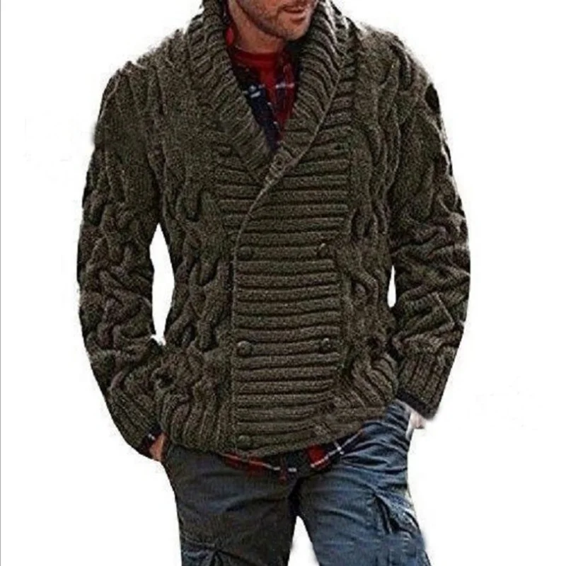 Wongn Wongn New Men's V-Neck Double Breasted Thick Knit Cardigan Sweater