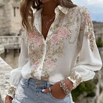 Women's Pink Rose Embroidery Art Long Sleeve Linen Blend Shirt - Image 2