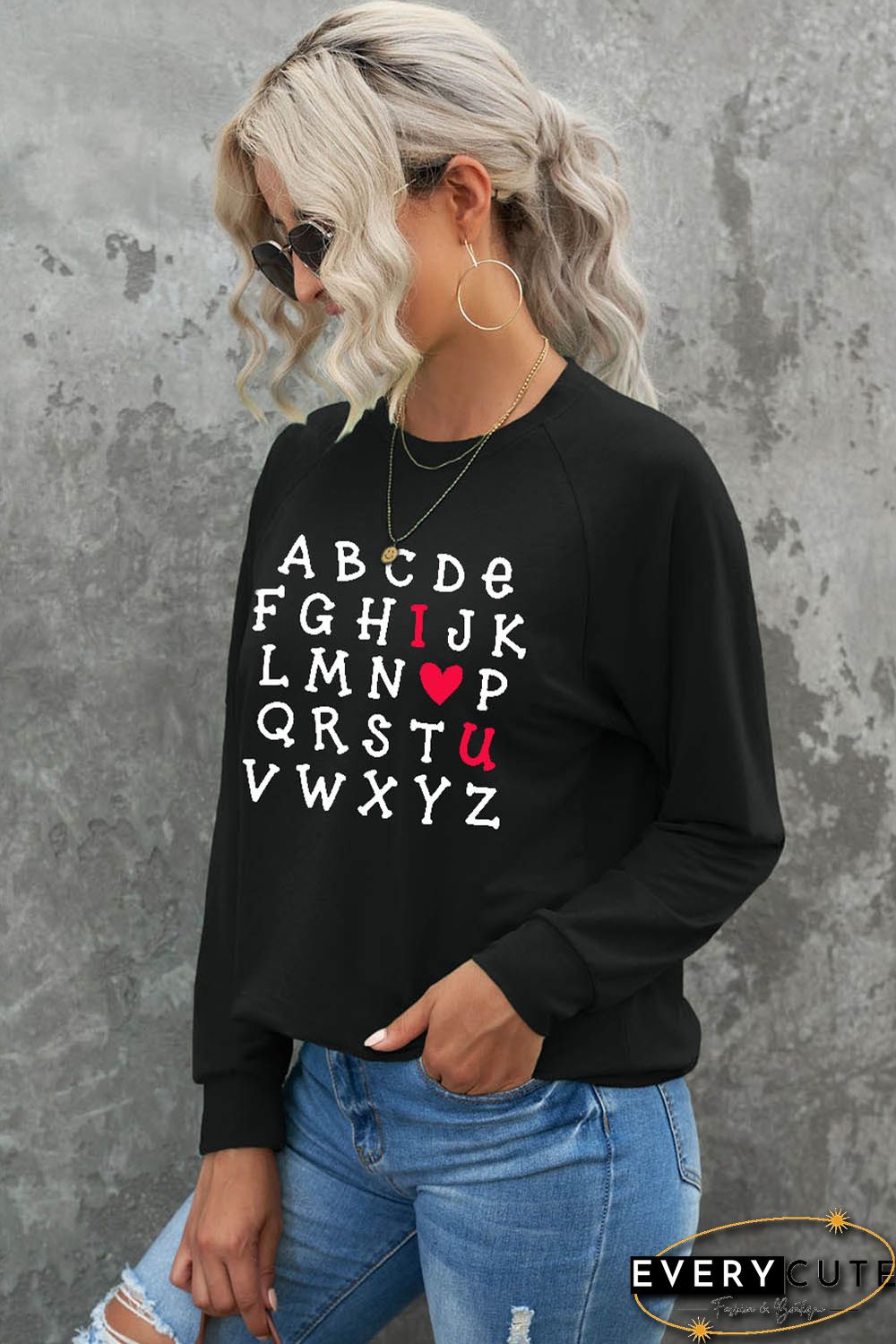 Valentine Letter Heart Print Long Sleeve Graphic Sweatshirt
