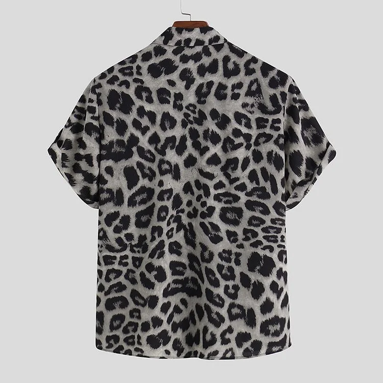 Summer Leopard Print Short Sleeves Streetwear Blouses Men Shirts at Hiphopee