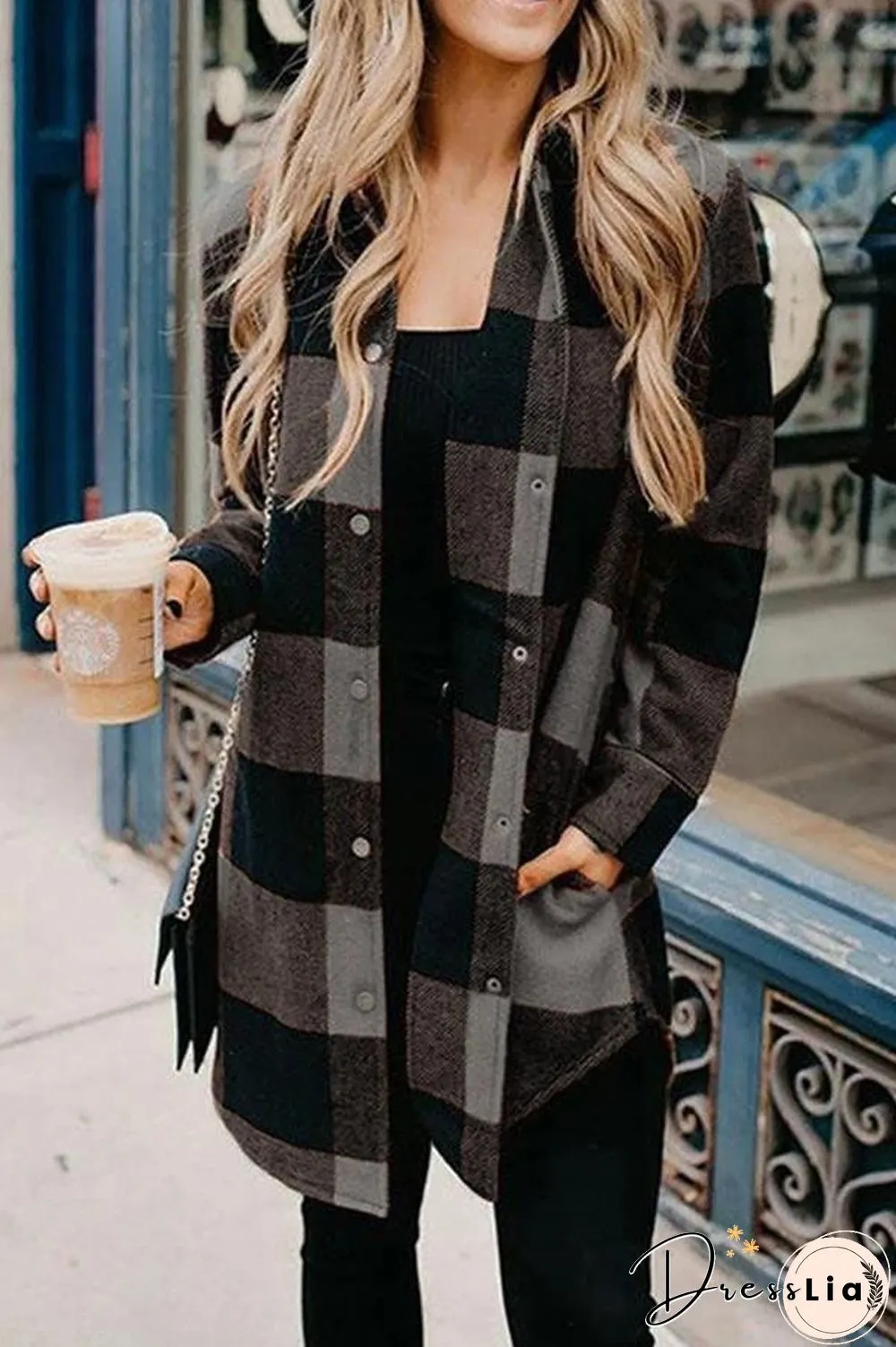 Casual Mid Length Plaid Print Coat