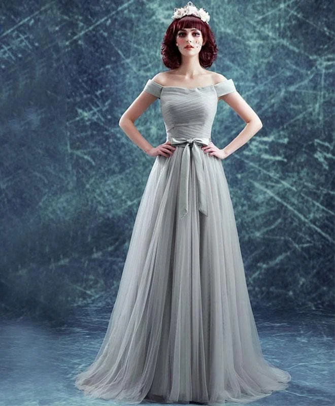 Gray Tulle Off Shoulder Long Prom Dress, Evening Dress