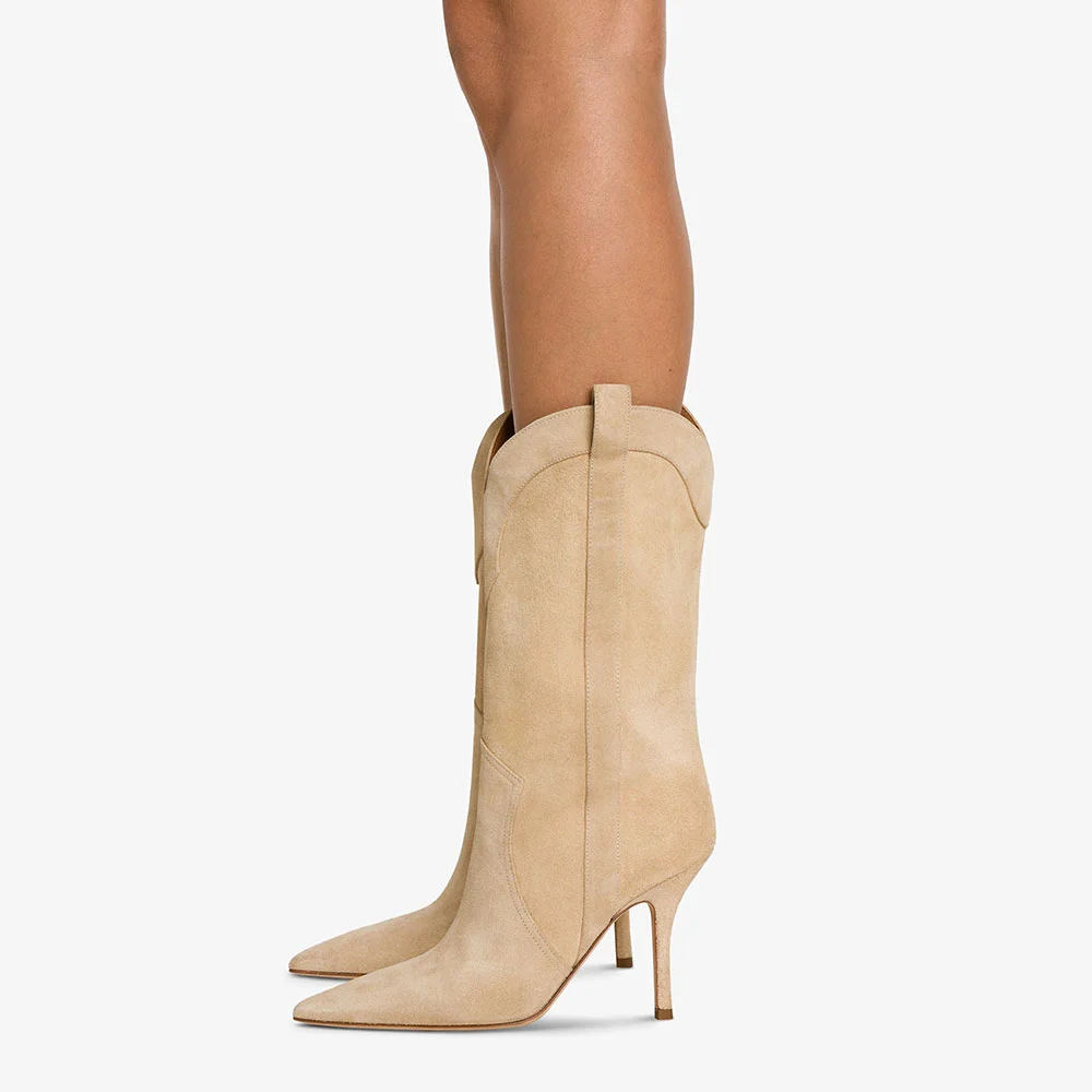 Khaki Vegan Suede Pointed Toe Stiletto Heel Western Boots for Women