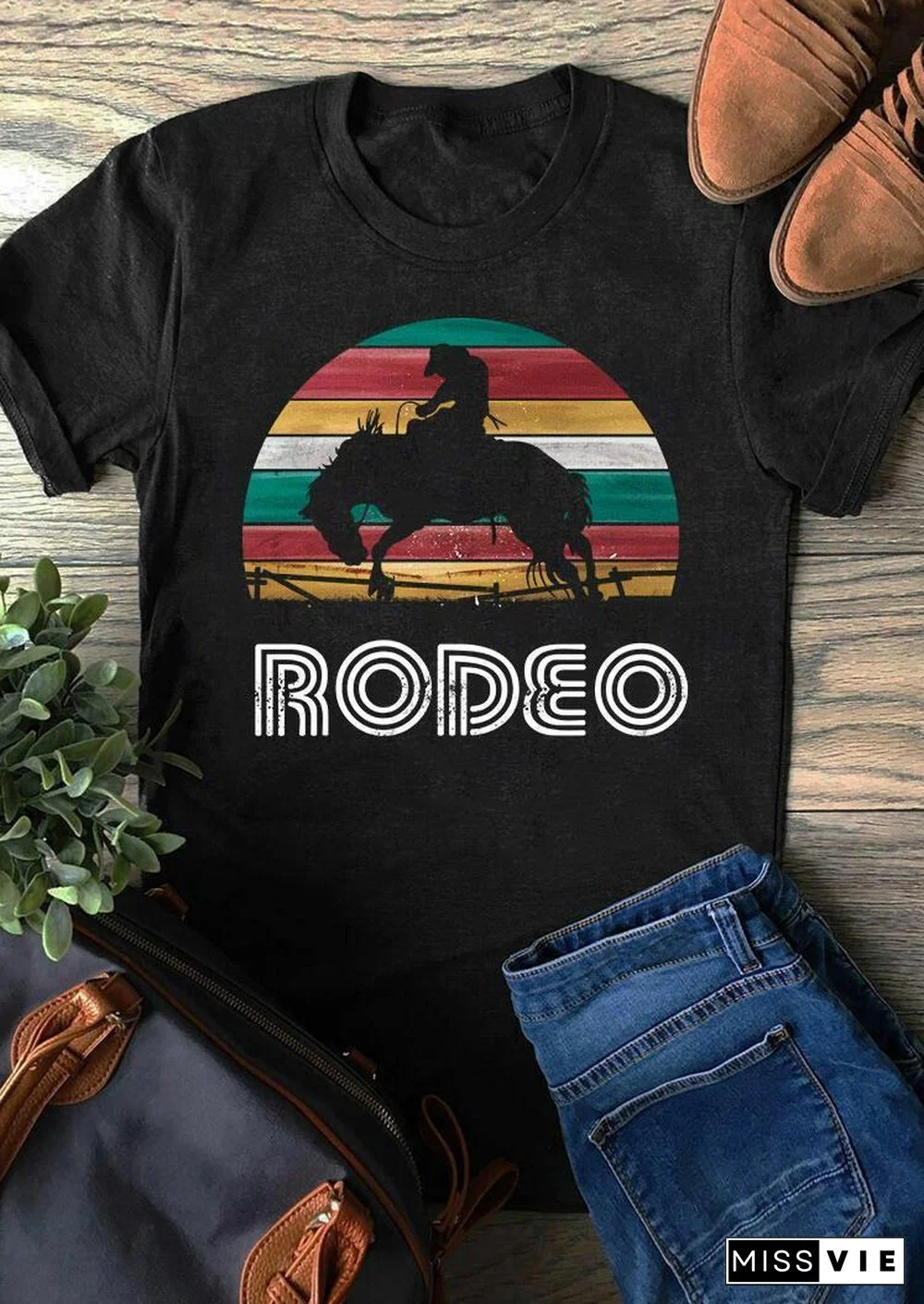 Women Rainbow And Letter Black Pattern T-Shirt