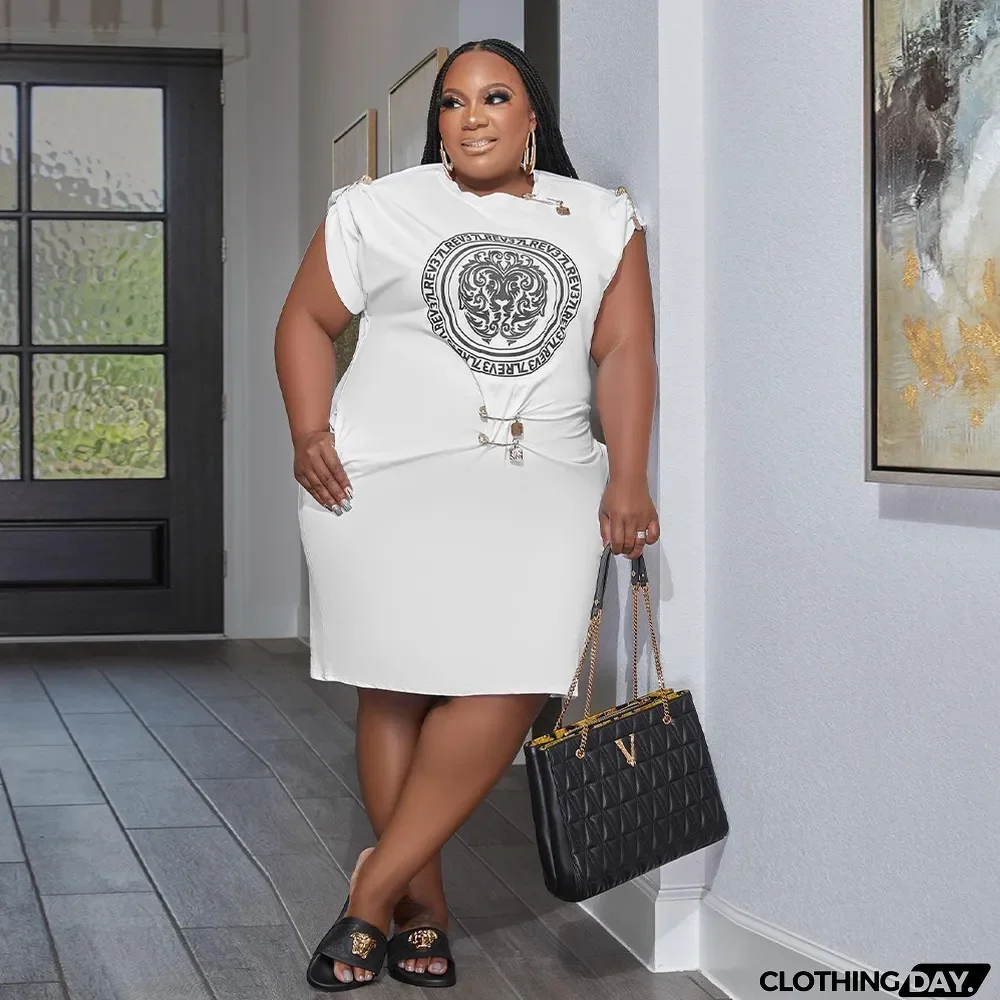 Plus Size Women Summer Printed Pin Button Dress