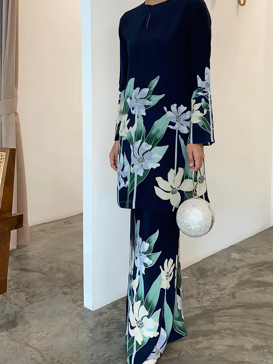 Women's Flowers Abstract Print Top Simple Skirt Navy Blue Set
