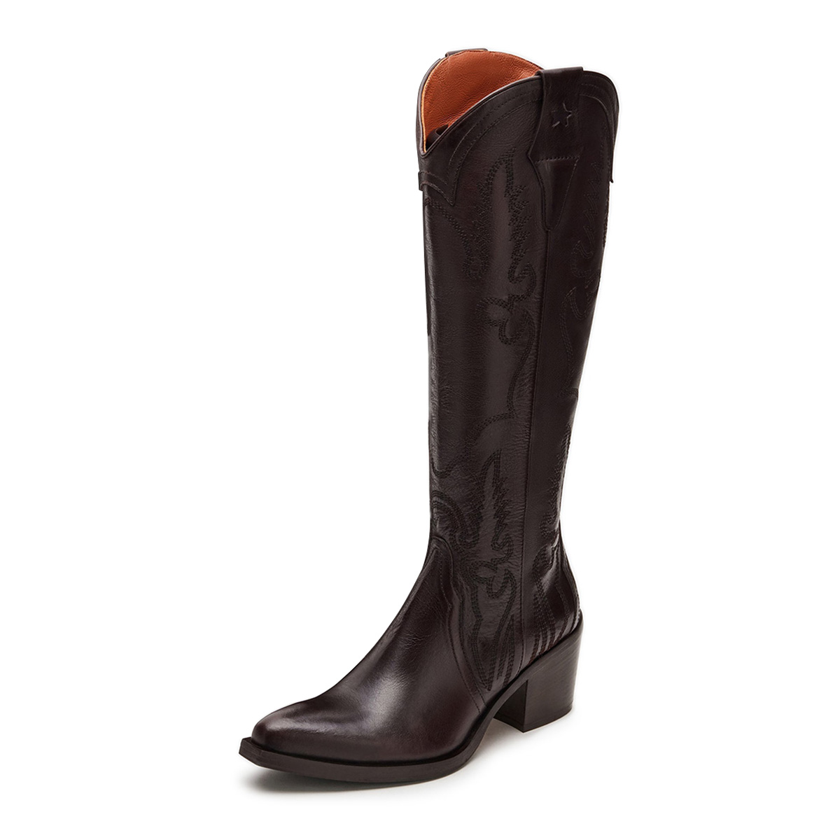 Dark Brown Pointed Toe Chunky Heel Knee-High Embroidered Cowgirl Boots Nicepairs