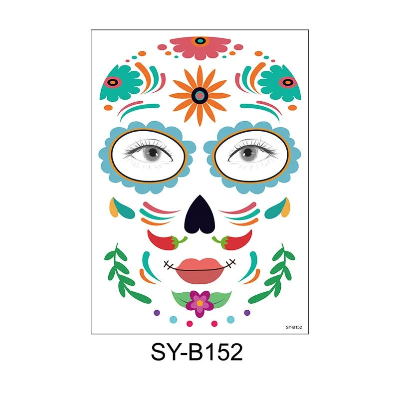 Facial Makeup Sticker Special Waterproof Face Tattoo Day Of The Dead Skull Face Dress Up Halloween Temporary Tattoo Stickers