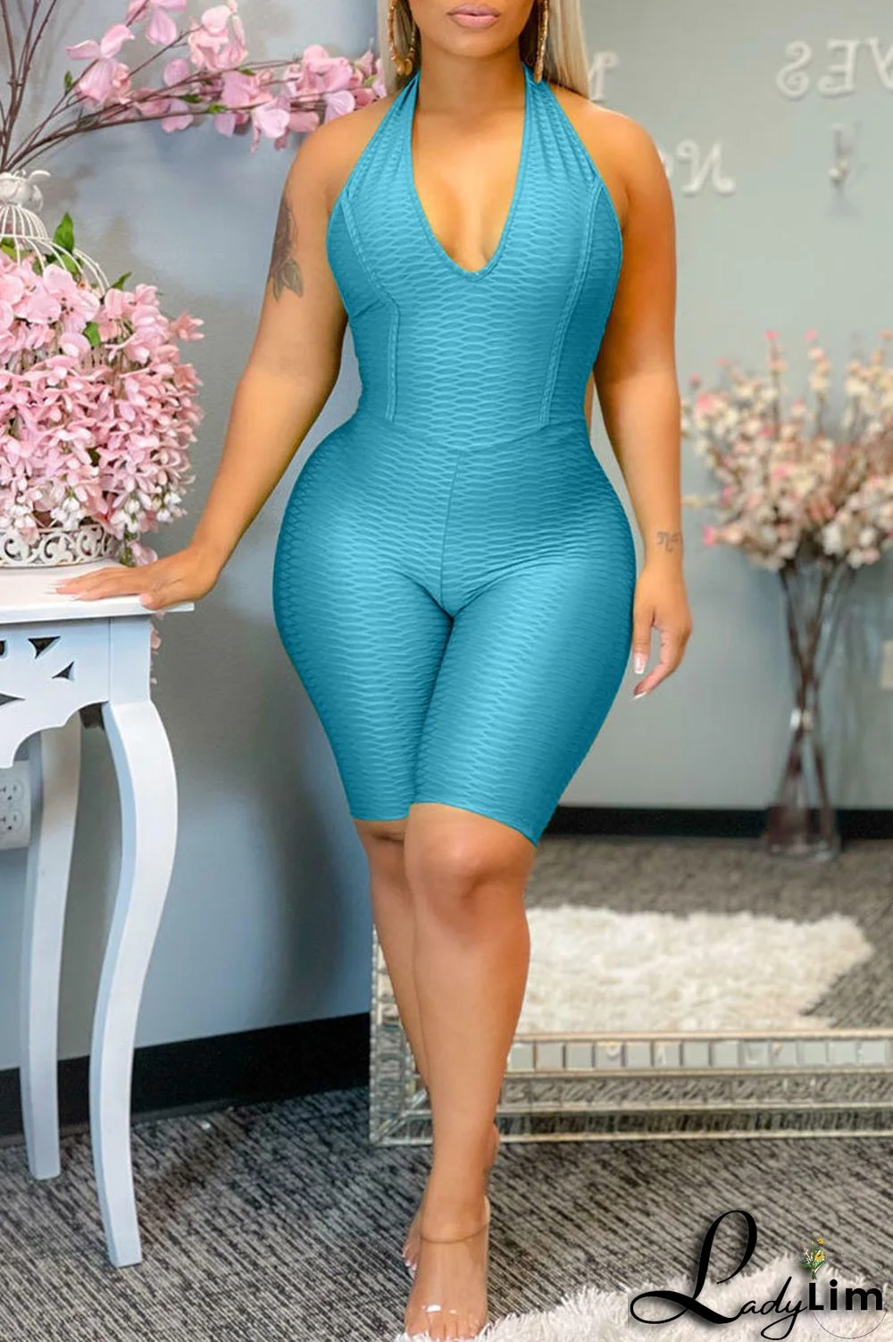 Tibetan Blue Sexy Solid Split Joint Backless Halter Regular Jumpsuits
