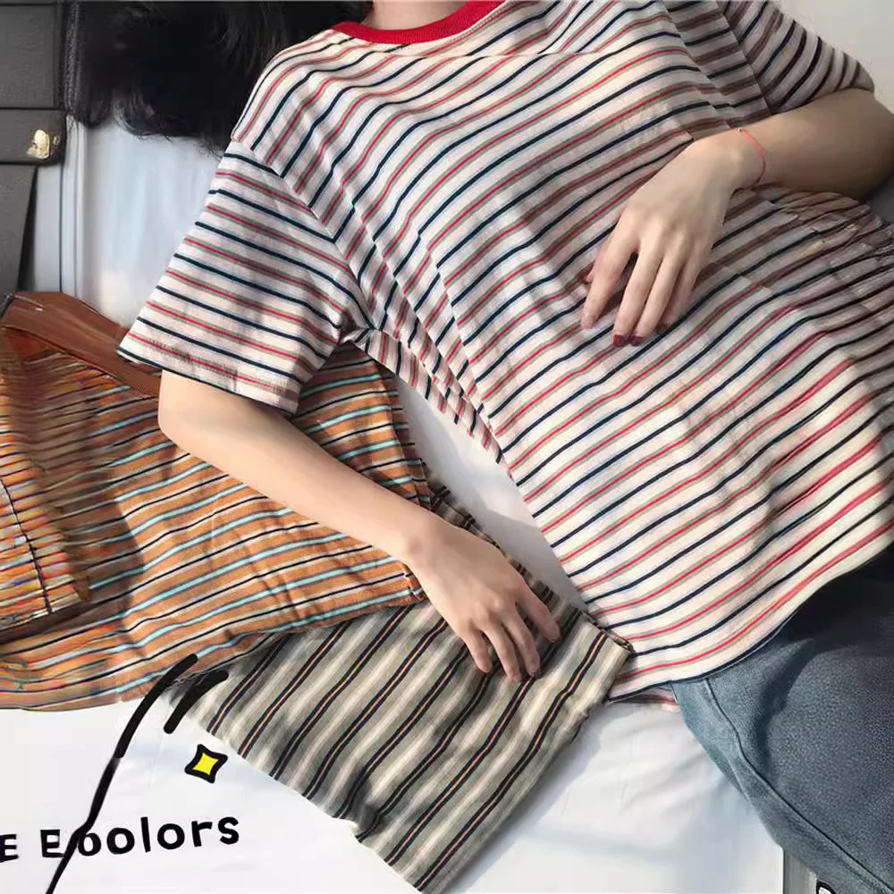 Uveng Uveng 2024 New Striped Short-Sleeved T-Shirt Korean Version Bottom Shirt Women's Student Top Women's Clothing