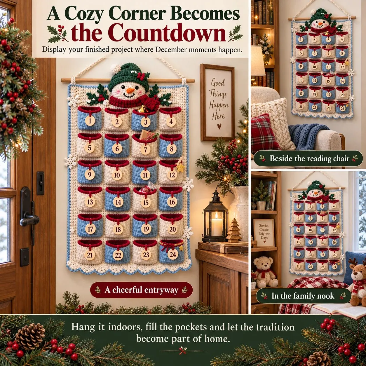 Crochet Advent calendar displayed in living room, kitchen, entryway and reading corner settings