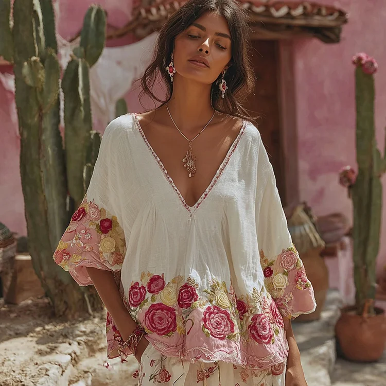 Women's Vintage Floral Art Embroidery Linen T-shirt