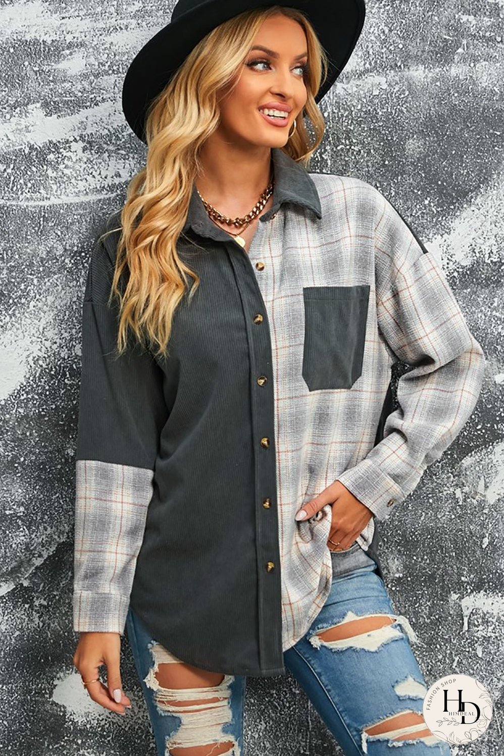 Double Take Plaid Color Block Dropped Shoulder Corduroy Shacket
