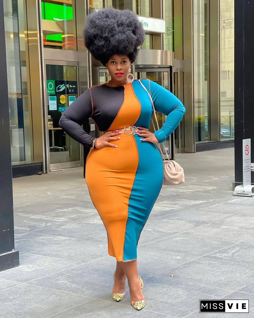 Plus Size Color Block O-Neck Bodycon Pencil Dress