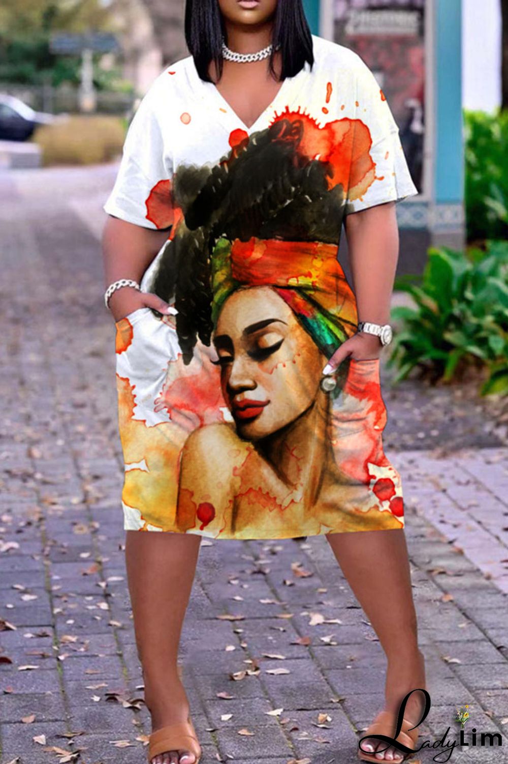 Grey Casual Street Print Patchwork V Neck Straight Dresses