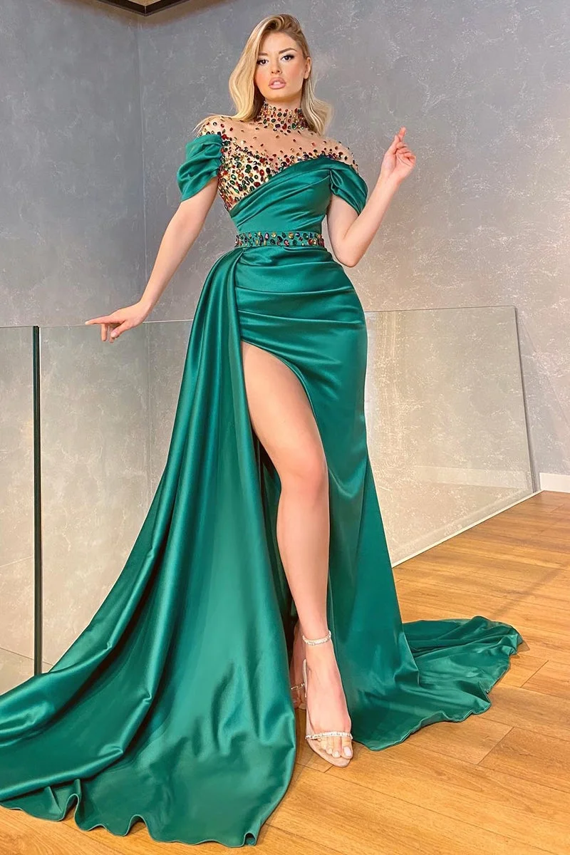 Bellasprom High neck Emerald Green Mermaid Prom Dresses Off-the-Shoulder Slit With Crystals
