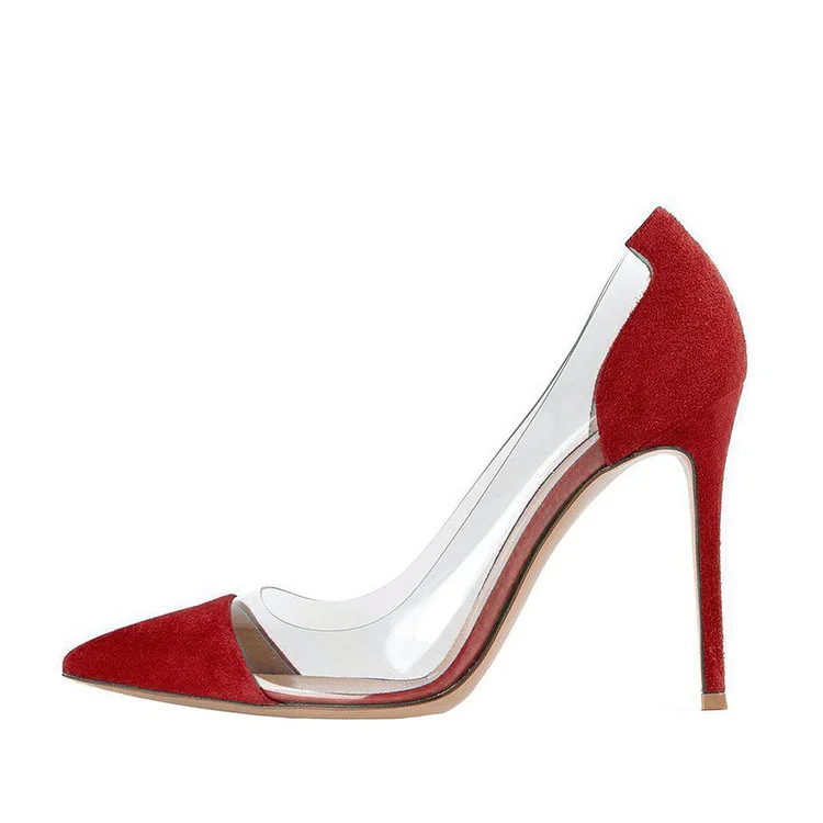 Red Suede Stiletto Heel Pumps with Clear Heels Vdcoo