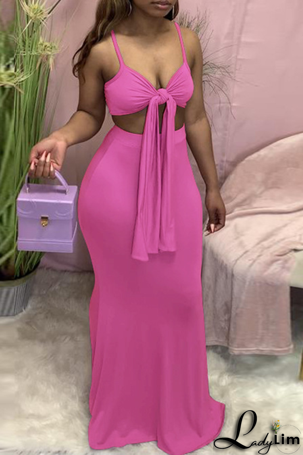 Tangerine Red Sexy Solid Split Joint Spaghetti Strap Sleeveless Two Pieces