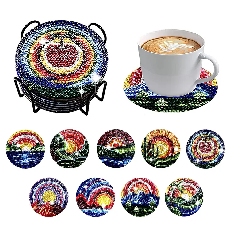 【Coaster】8/9 PCS Acrylic/Wooden Christmas Cup Diamond Painting Crafts Coaster with Holder gbfke