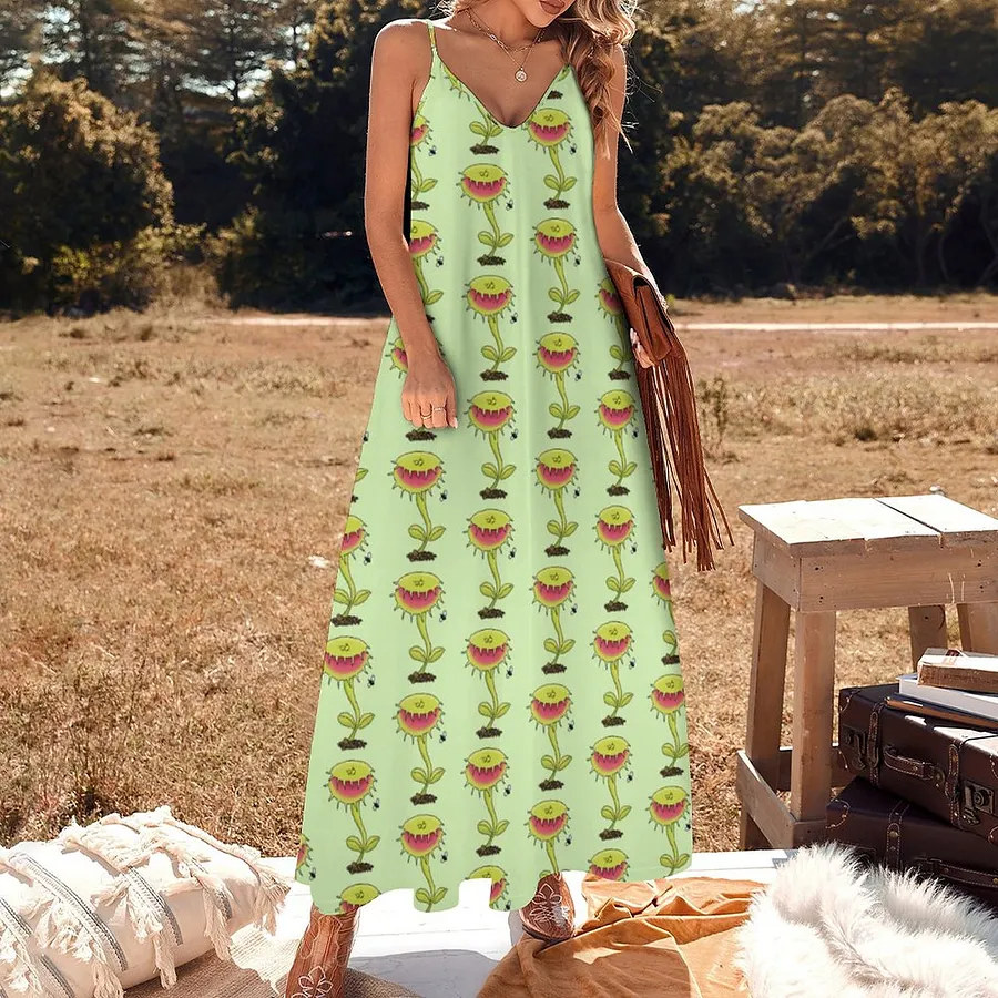 venus casual maxi dress Funny Carnivorous Venus Fly Trap Plant Cartoon Women's Casual Strappy V  Neck Sleeveless Flowy Loose Long Maxi Beach Dress Sundress