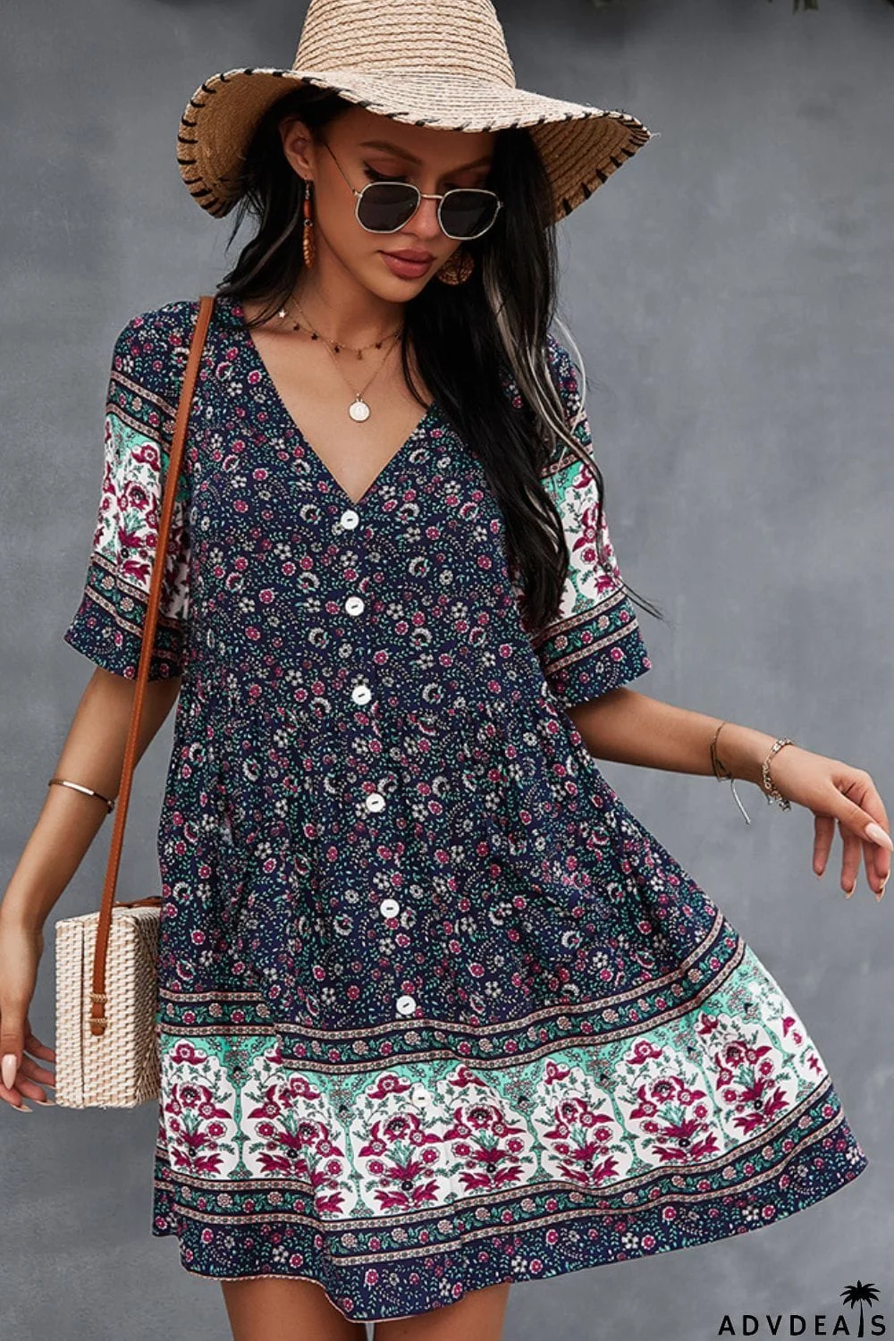 Bohemian V-Neck Half Sleeve Dress