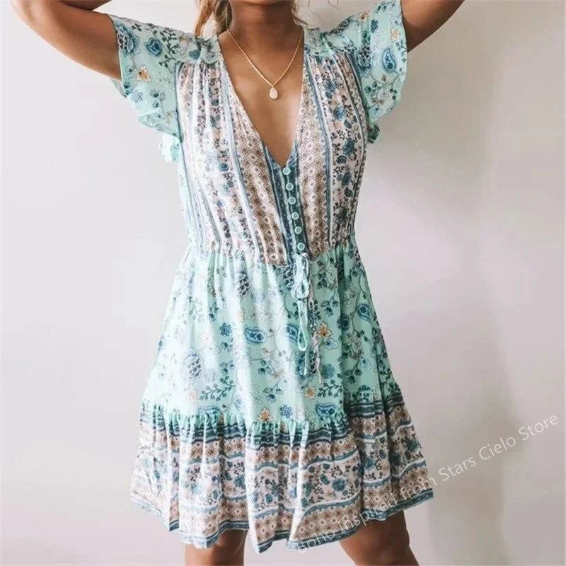 BOHO INSPIRED blue floral V-neck flare sleeve boho dress for women drawstring waist bohemian summer dress new woman dress cotton
