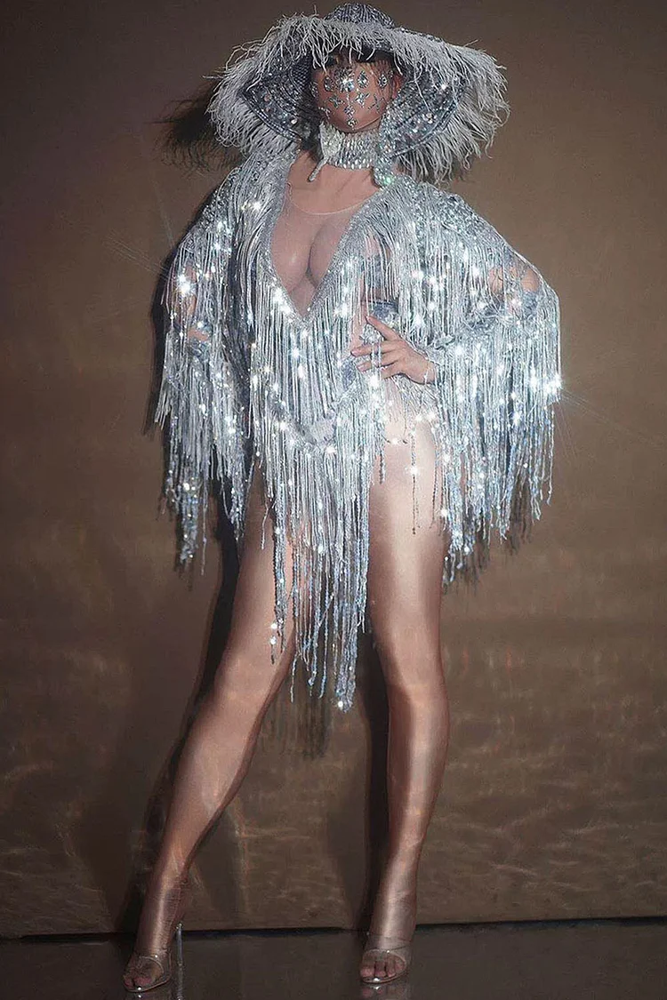 Mesh Sequin Fringed High Elasticity Bodysuit-Silver