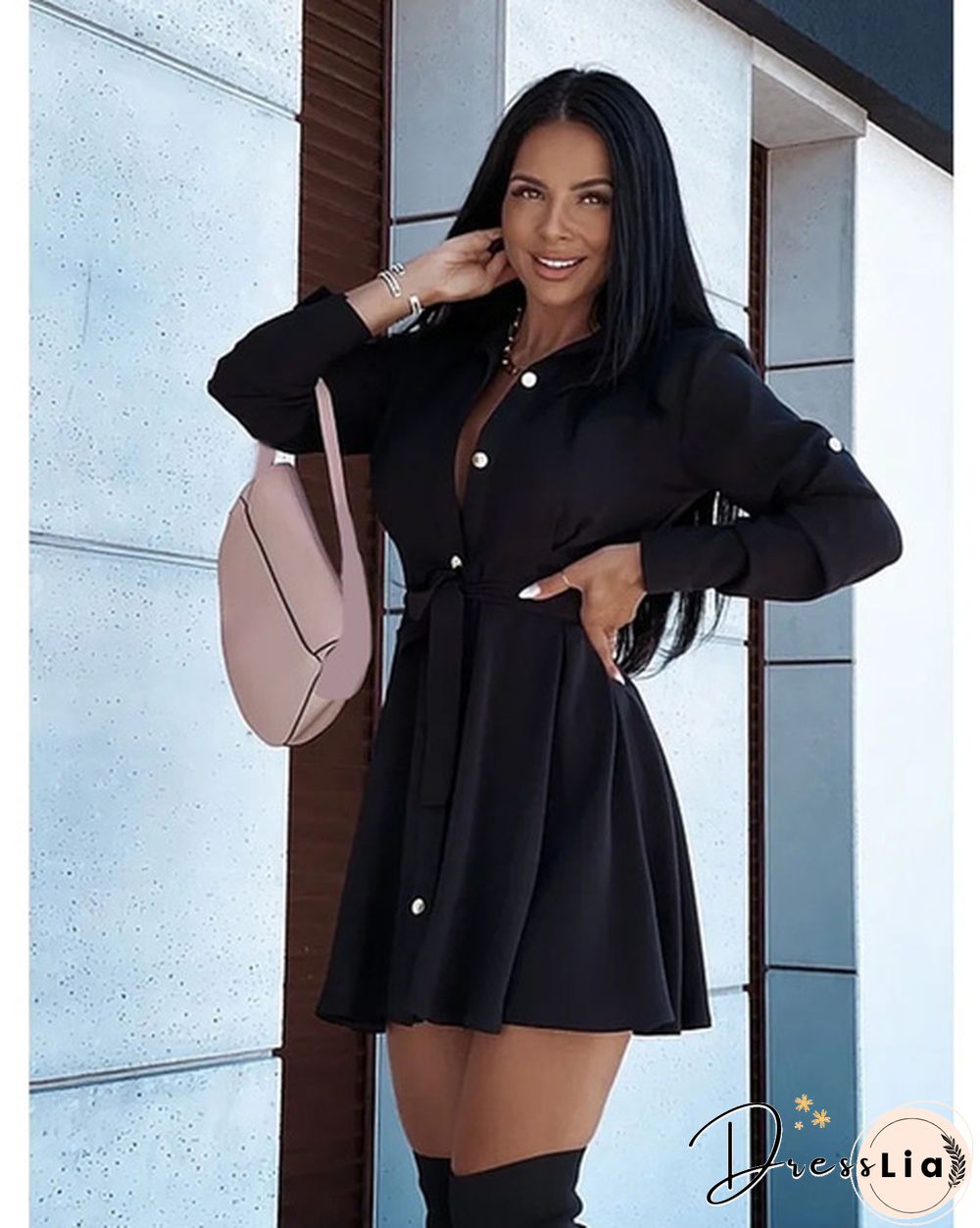 Turn-down Collar Long Sleeves Buttons Shirt Dress Women Fashion Collect Waist A Line Dress Elegant Ladies Dresses