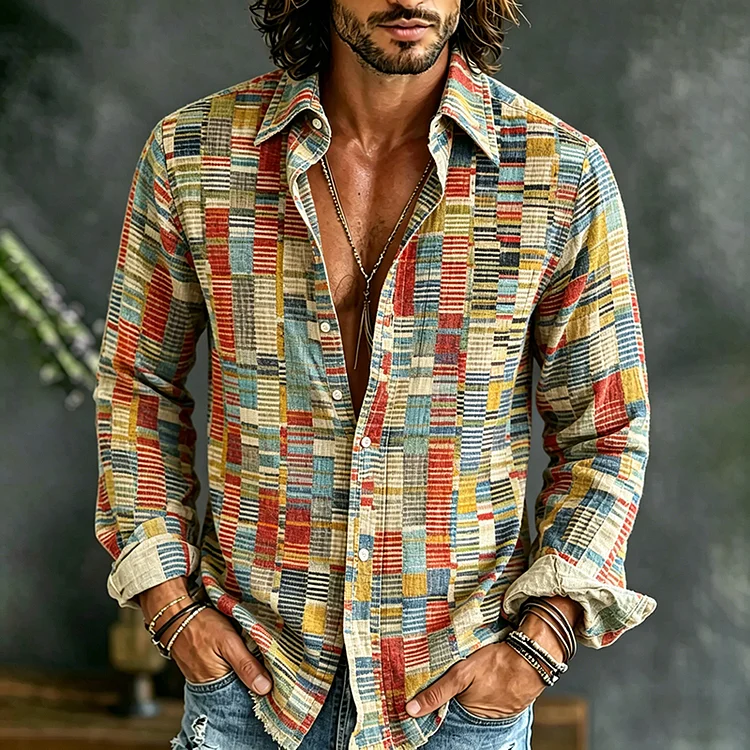 Vintage Abstract Geometric Style Art Print Casual Cotton Linen Shirt
