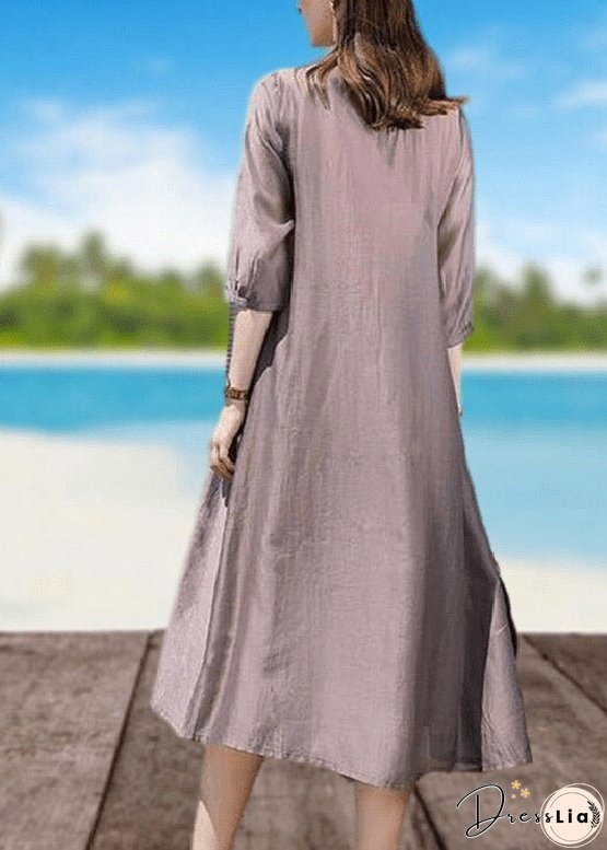 Retro Coffee O-Neck Wrinkled Linen Holiday Long Dresses Short Sleeve
