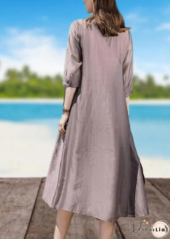 Retro Coffee O-Neck Wrinkled Linen Holiday Long Dresses Short Sleeve