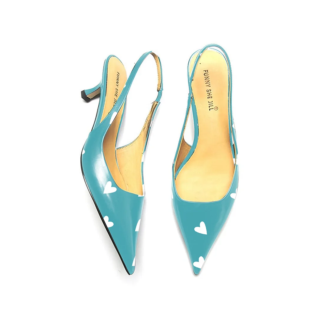 Skyblue Heart Pattern Patent Leather Pointed Toe Elegant Kitten Heel Slingback Dress Pump Shoes