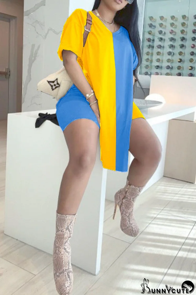 Yellow And Blue Casual Solid Split Joint Slit V Neck Short Sleeve Two Pieces