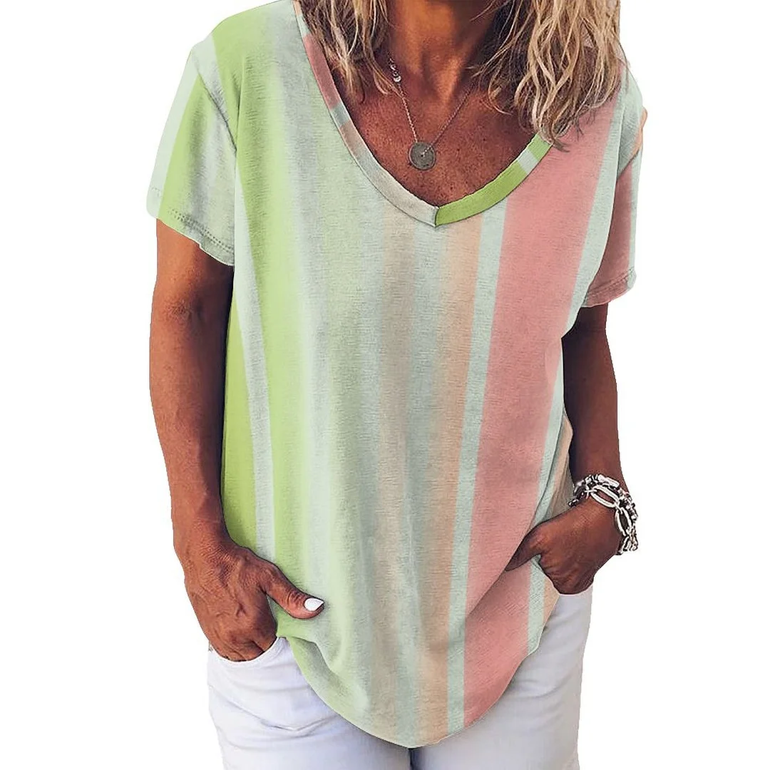 V-neck Short Sleeve Casual T-shirt for  Women Printed with Pattern Striped, Green, Pink